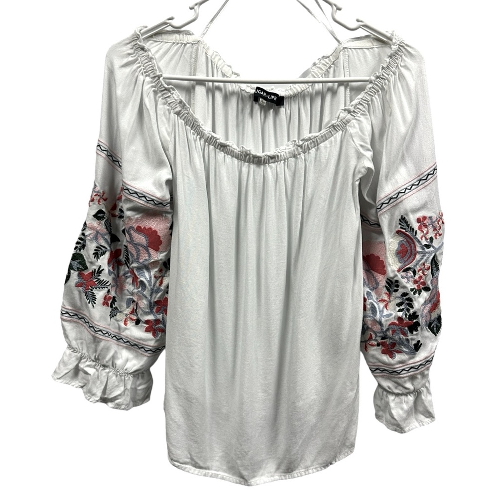 Sugar Lips White Embroidered Off Shoulder Peasant Style Top Blouse Womens Large - Picture 5 of 12